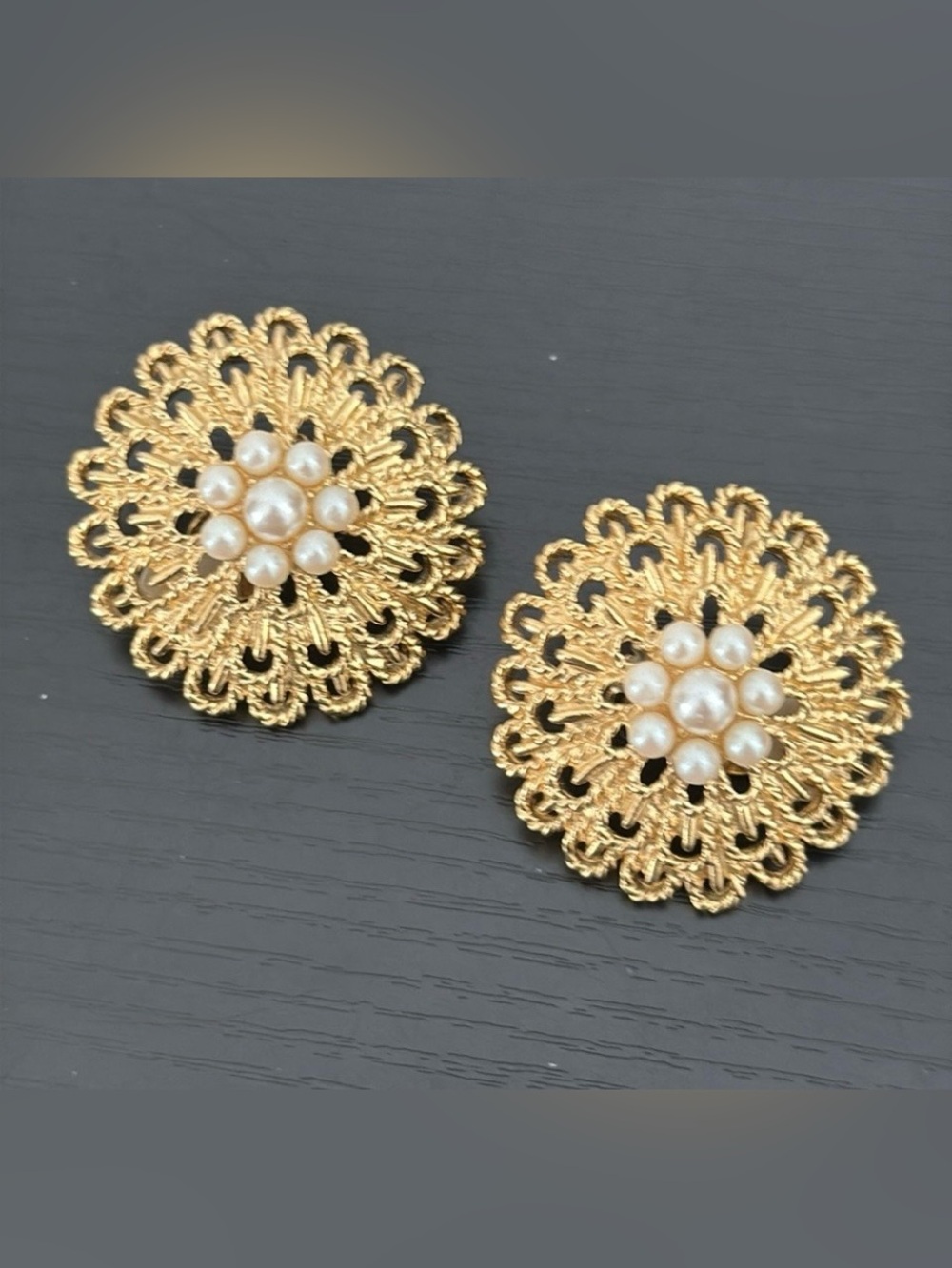 AVON Clip On Vintage Gold-Tone Filagree Faux Pearl Earrings